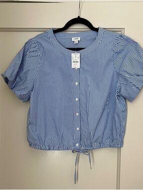 NWT J. Crew Blue and White Striped Button-Front Tie-Hem Top